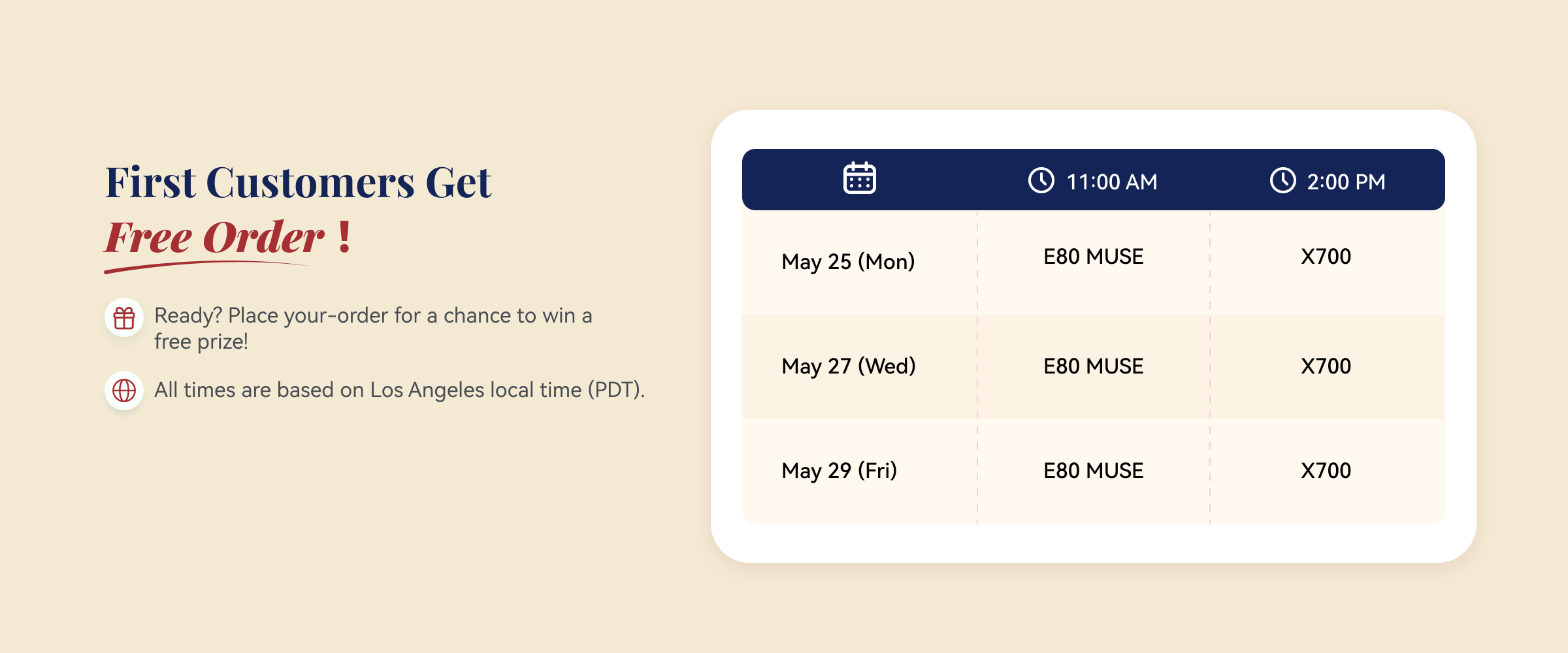 Memorial Day free chair schedule. May 25, May 27, and May 29, 2026. Slots at 11:00 AM PDT and 2:00 PM PDT.